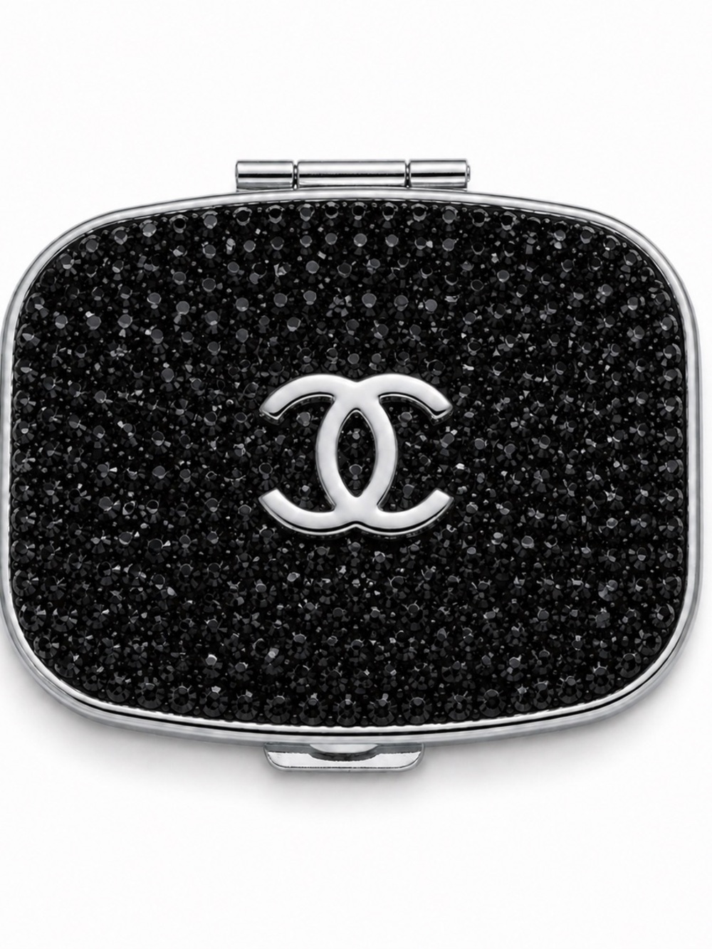 Chanel Black Crystal CC Travel Pill Case Silver Compact with Box - Picture 2 of 7